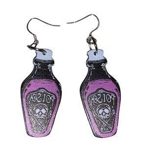 Poison Bottle Earrings Purple Glitter Skull & Crossbones Dangle Drop‎ Spooky